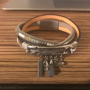 Silver leather wraparound bracelet